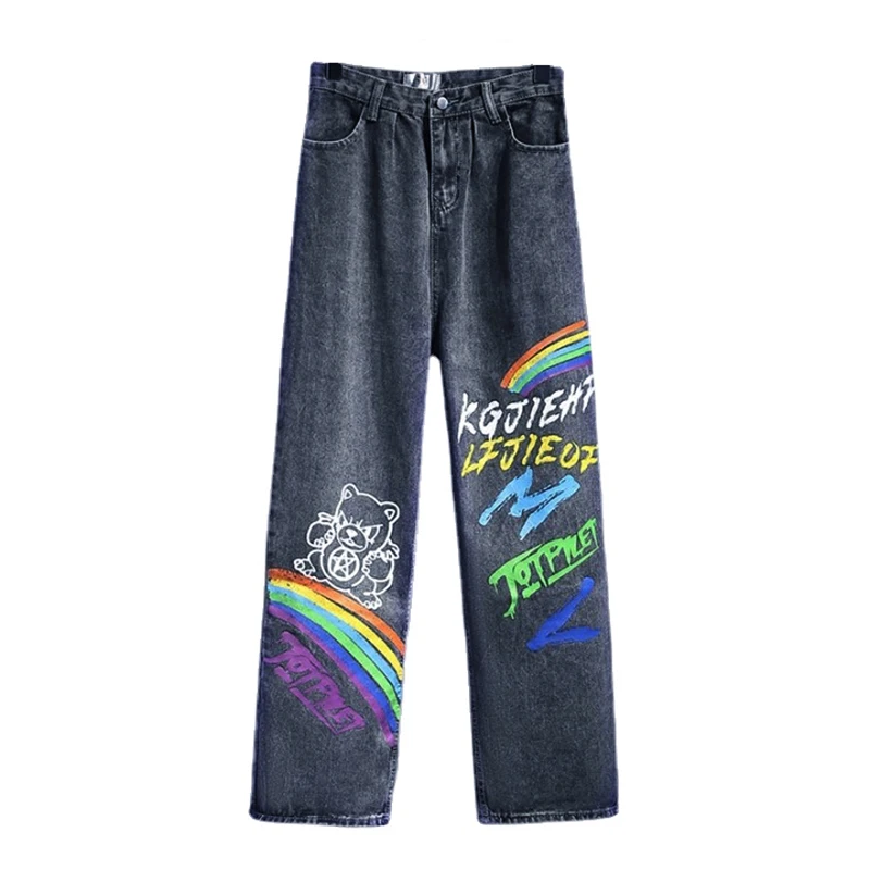 DEEPTOWN Loose Graffiti Jeans Men Straight Hip Hop Denim Pants Oversize Trousers Male Streetwear Korean Casual Plus 5XL Spring