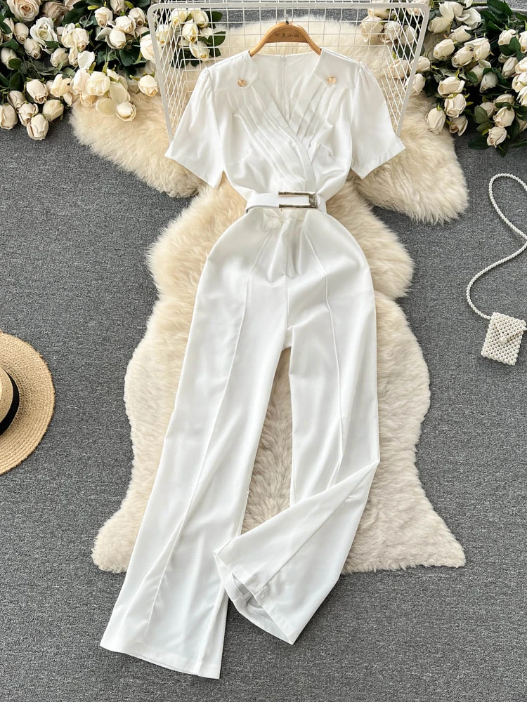 

Fitaylor New Summer OL Jumpsuits Women Fashion V-neck Short Sleeve Wide Leg Pants Office Lady High Waist Solid Color Jumpsuits
