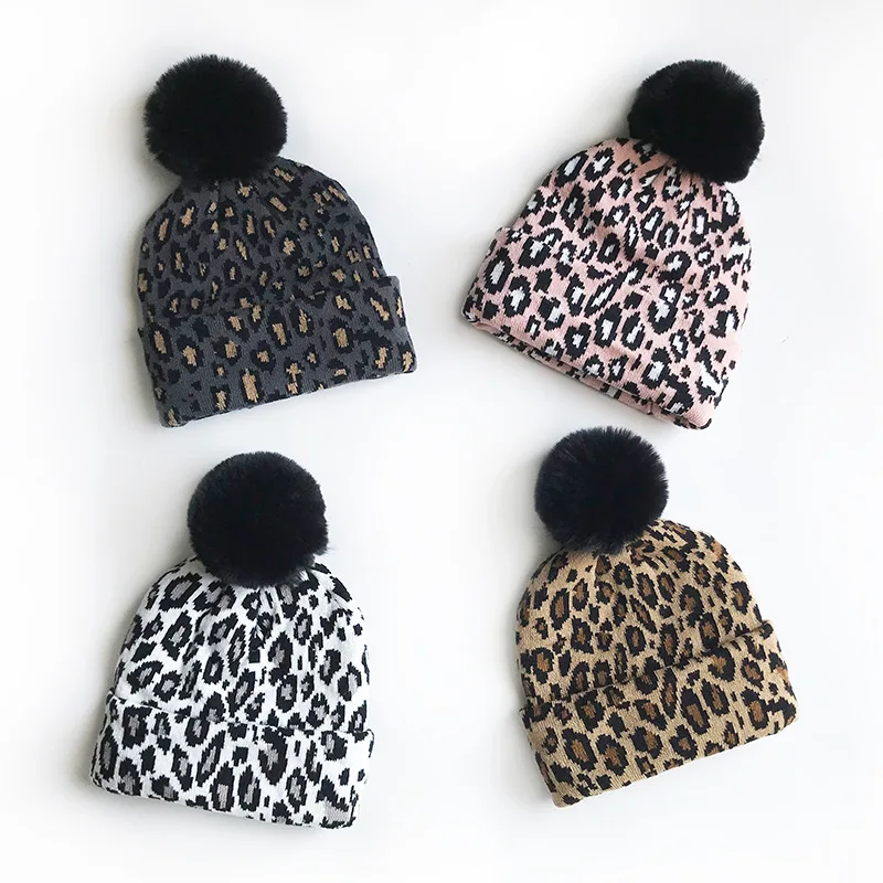 M281 Autumn Winter Kids Women's Leopard Knitted Hat Faux Fur Ball Lady Warm Beanies Leopard Hat