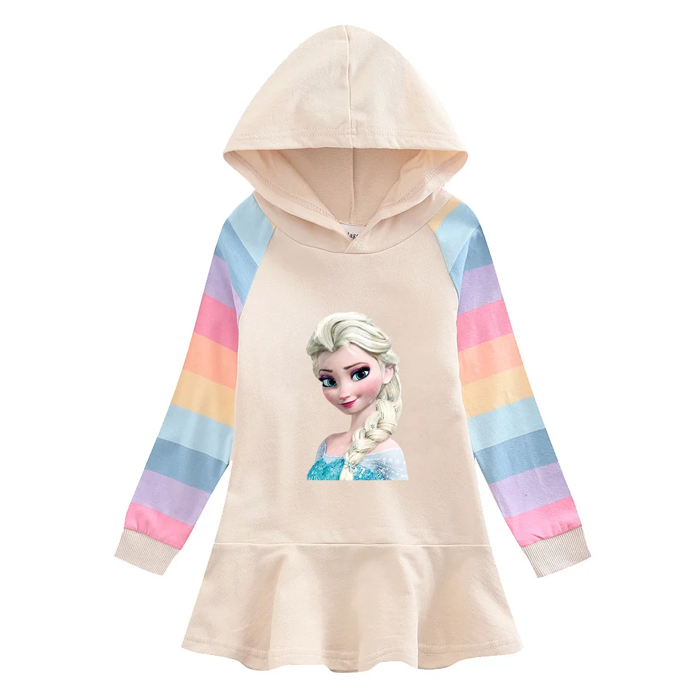 

Spring Autumn Girls' Ruffle Dress Long Sleeve 2023 Kids Preppy Style Cartoon Elsa Print Striped Hooded Sweater Dresses Clothing