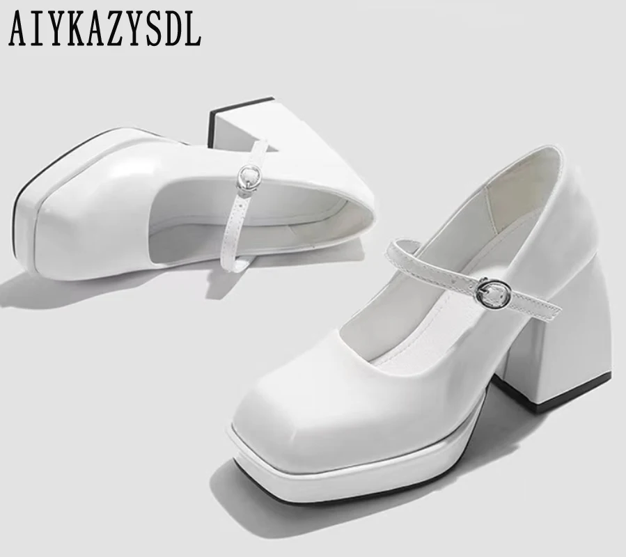 

AIYKAZYSDL 2023 Oxfords Square Toe Mary Jane Oxofords Women Pumps Platform Chunky Block High Heel Solid Shoes White Spring