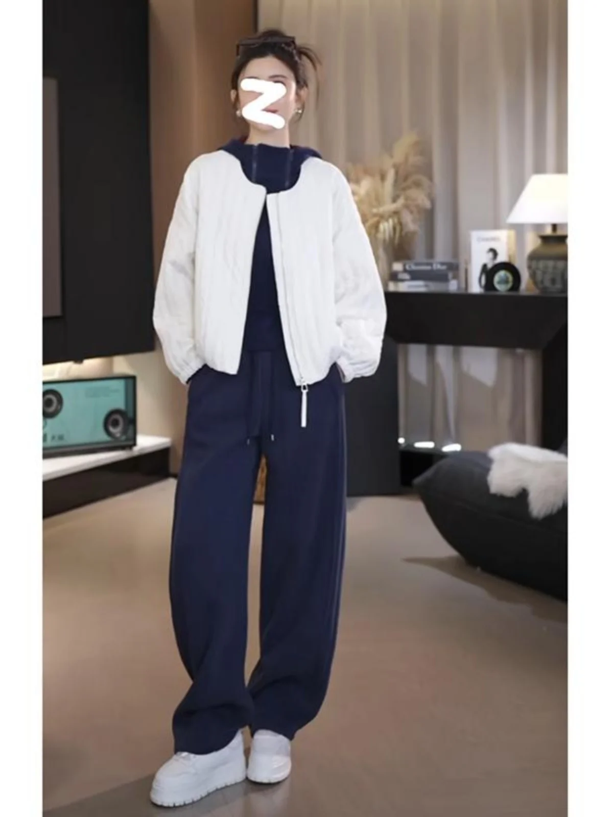 Plus Size Navy Blue American Drape Straight Pants Loose Sweat pants Women High Waist Slimming Casual Wide Leg Sweatpants Wint...