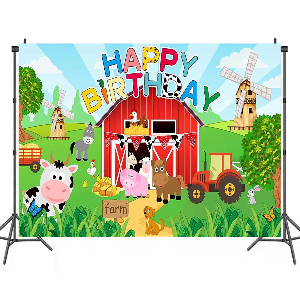 

Custom Photo Background Baby Cartoon Rural Farm Filed Windmill Birthday Wooden Fence Poster Photographic Backdrops Photo Studio