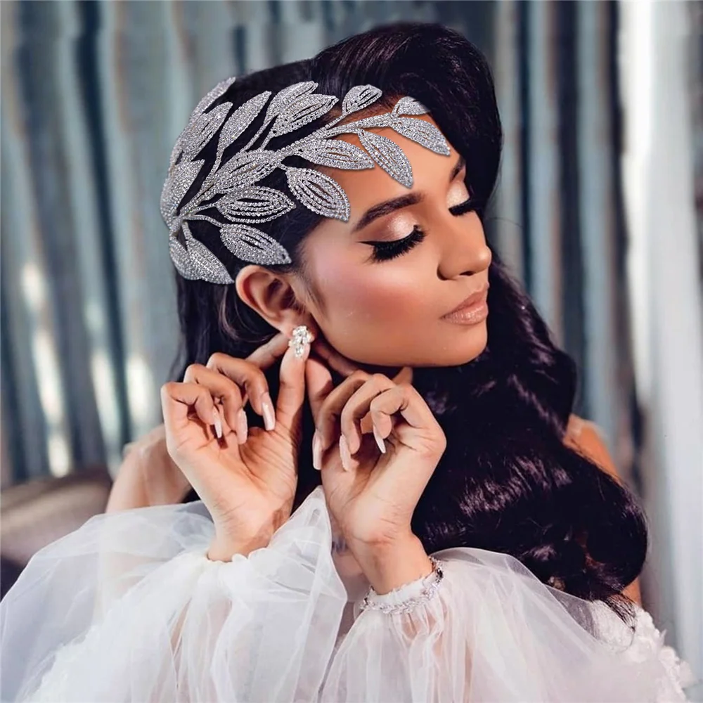 

Retro Luxury Bridal Head Piece with Comb Leaf Wedding Hair Headwear Bride Hair Accessories Crystal Women Headdress for Party