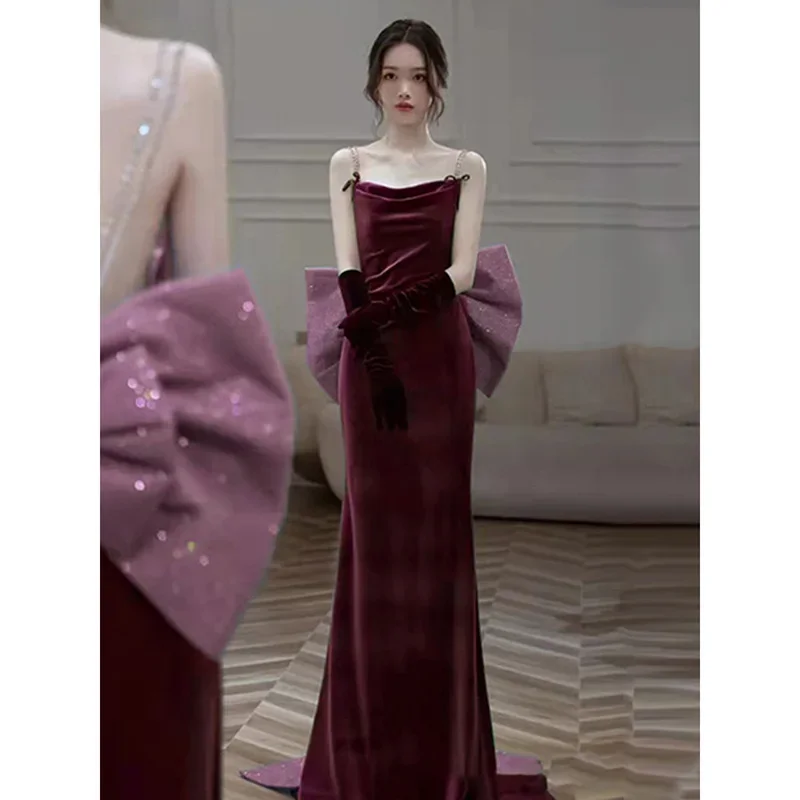 Женское бархатное вечернее платье Бордовое со шлейфом элегантное принцессы в