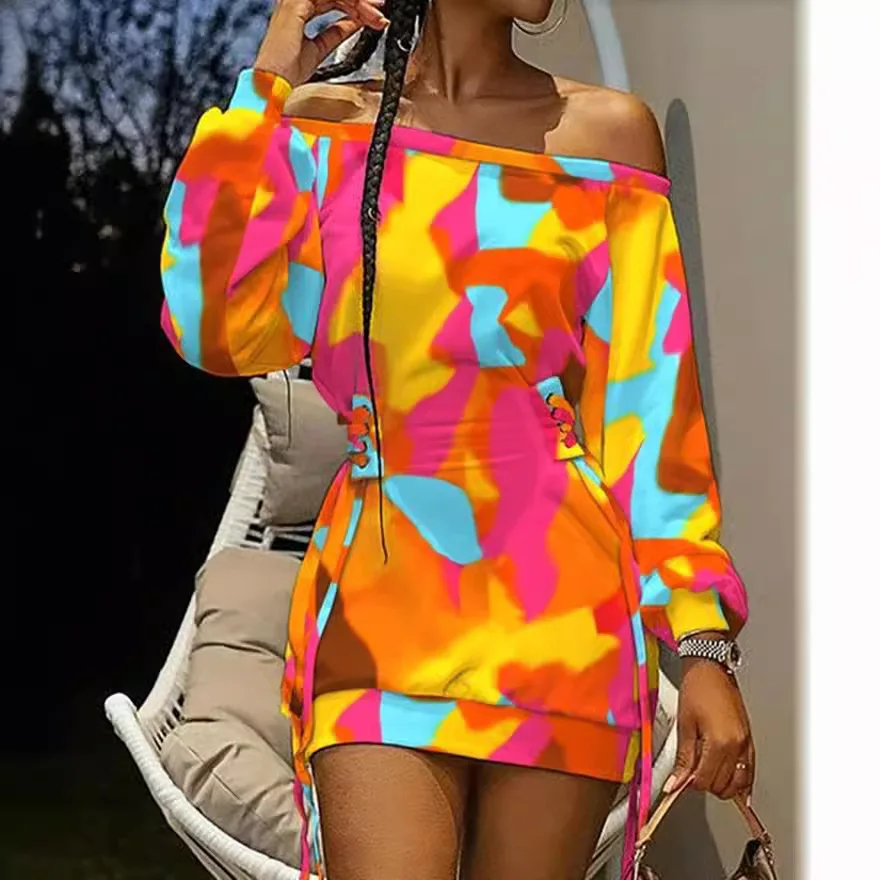 Осеннее новое свободное платье с круглым вырезом и оранжевым принтом тай-дай