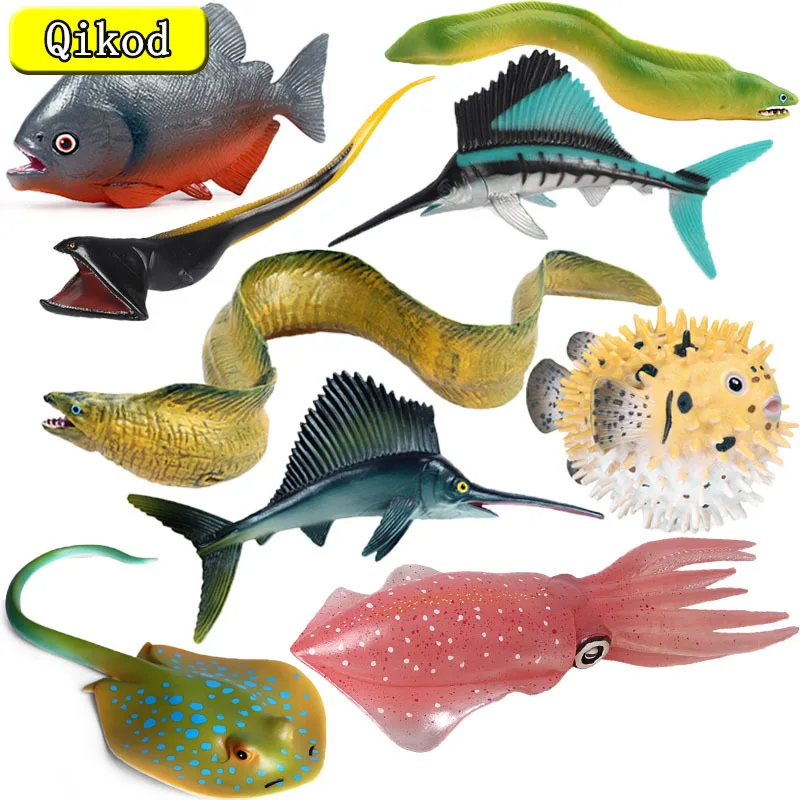 Lifelike Ocean Sea Life Simulation Animal Model Swordfish Moray Electric Eel Piranha PVC Action Toy Figures Kids Collection Toys