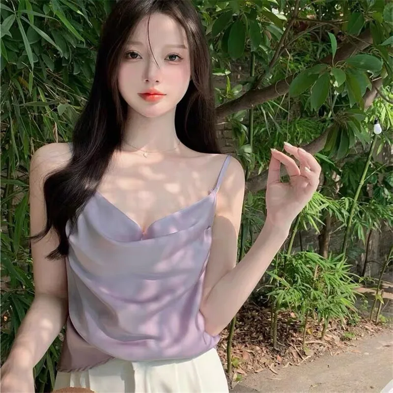 

Женская плиссированная кофта на бретельках, белая атласная кофта лавандового цвета с расклешенным воротником, лето 2022