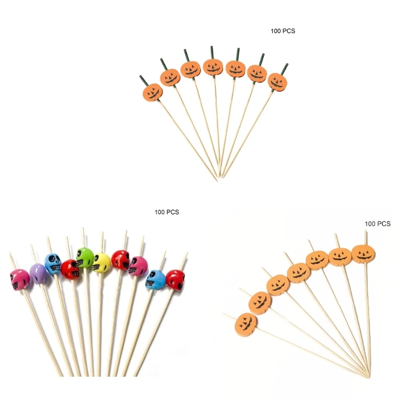 

G6DA 100pcs Halloween Dessert Picks Fruits Bamboo Toothpicks for Drink Dessert Food