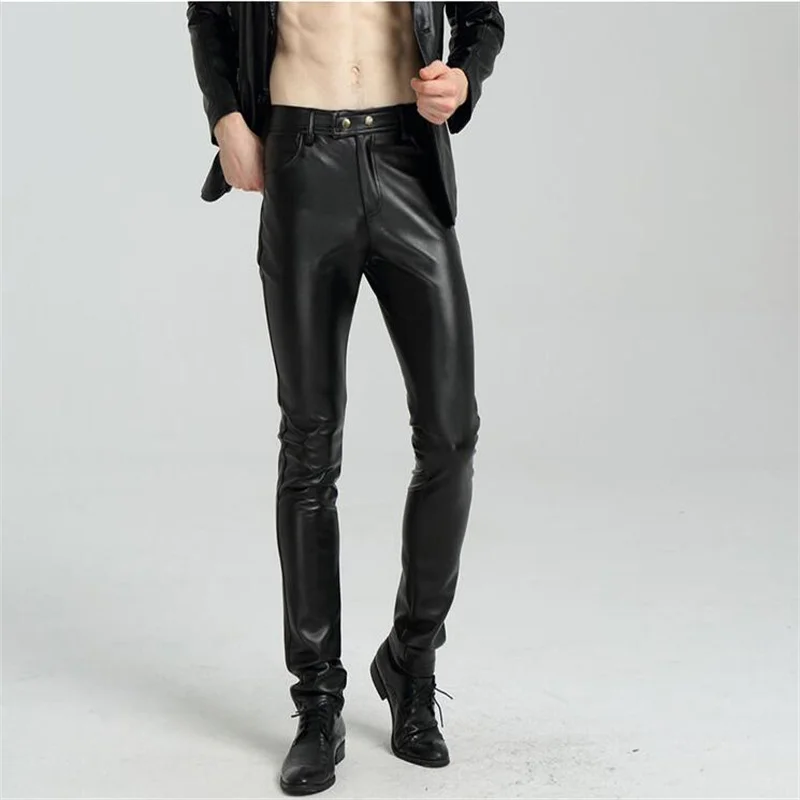 

velvet fashion casual motorcycle faux leather pants mens feet pants winter warm pu trousers for men pantalon homme black