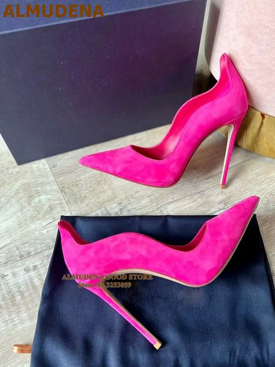 ALMUDENA Fuchsia Pink Satin Cloth High Heel Shoes 12cm 10cm 8cm Silk Fabric Pointed Toe Slip-on Pumps Special Cut Wedding Heels