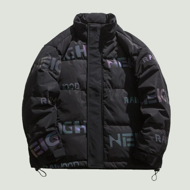 

New Winter Thicken Warm Letter Laser Reflection Printed 90% White Duck Down Jackets Mens Hip Hop Streetwear Bomber Unisex Coats