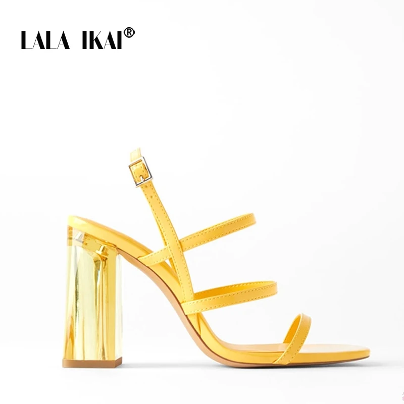 

LALA IKAI Summer High Heel Sandals Women Lemon Yellow Sandals Heels Shoes Fashion Brand Women Fairy Crystal Heels Sandals Grace