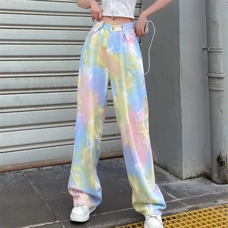 

2022 Spring Summer Women New Fashion Rainbow Jeans Korean Harajuku Style Popular Casual Loose Straight Wide Leg Pants