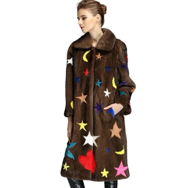HQ 100% velvet natural true mink fur coat womans lapel long section color star decoration large size custom