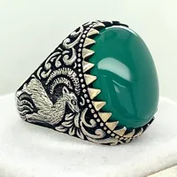Men Silver Green Agate Ring , Mountain Goat Ring , Sterling Silver Vintage Ring , Men Silver Jewelry, Anniversary Gifts for Him