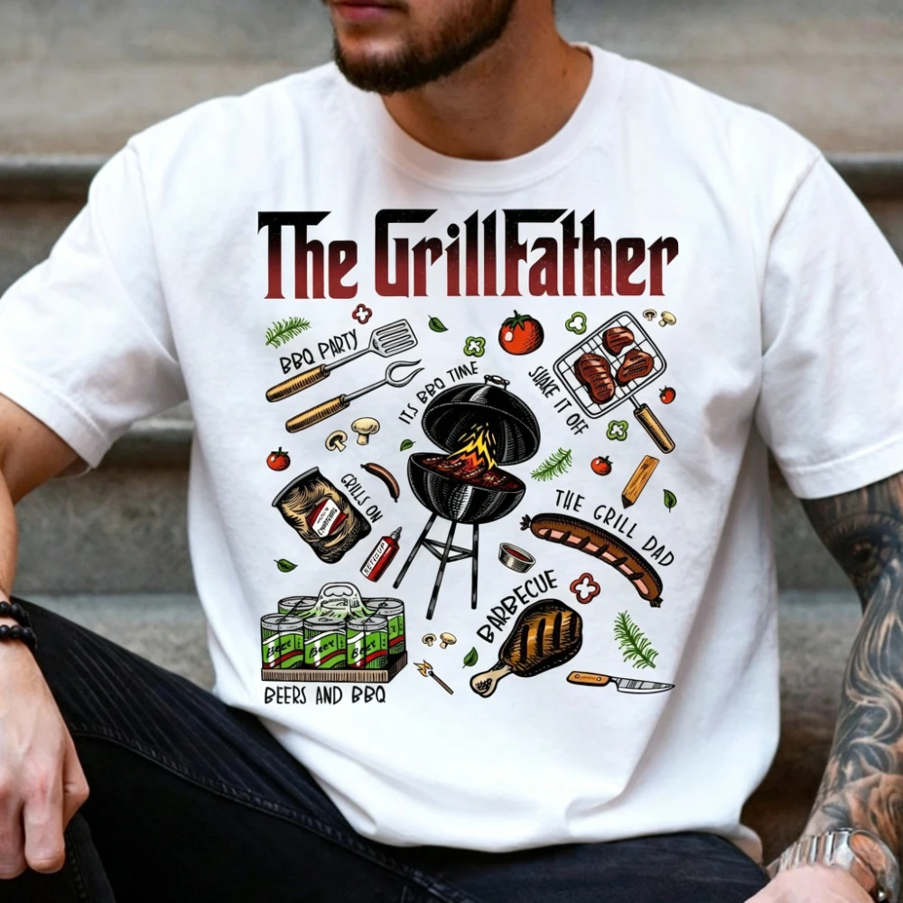 Фото Ретро-футболка The Grillfather BBQ с принтом в стиле «Крестного отца», винтажная мужская летняя футболка с круглым вырезом, хлопковая, с коротким рукавом №1