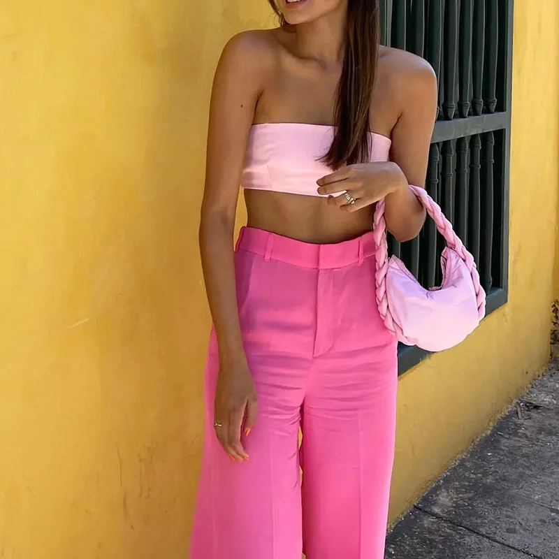 

Pink Bandeau Crop Top Women 2023 Summer Y2k Straight Neck Off The Shoulder Party Sexy Tube Top Corset Tank Cut Out Fashion Chic