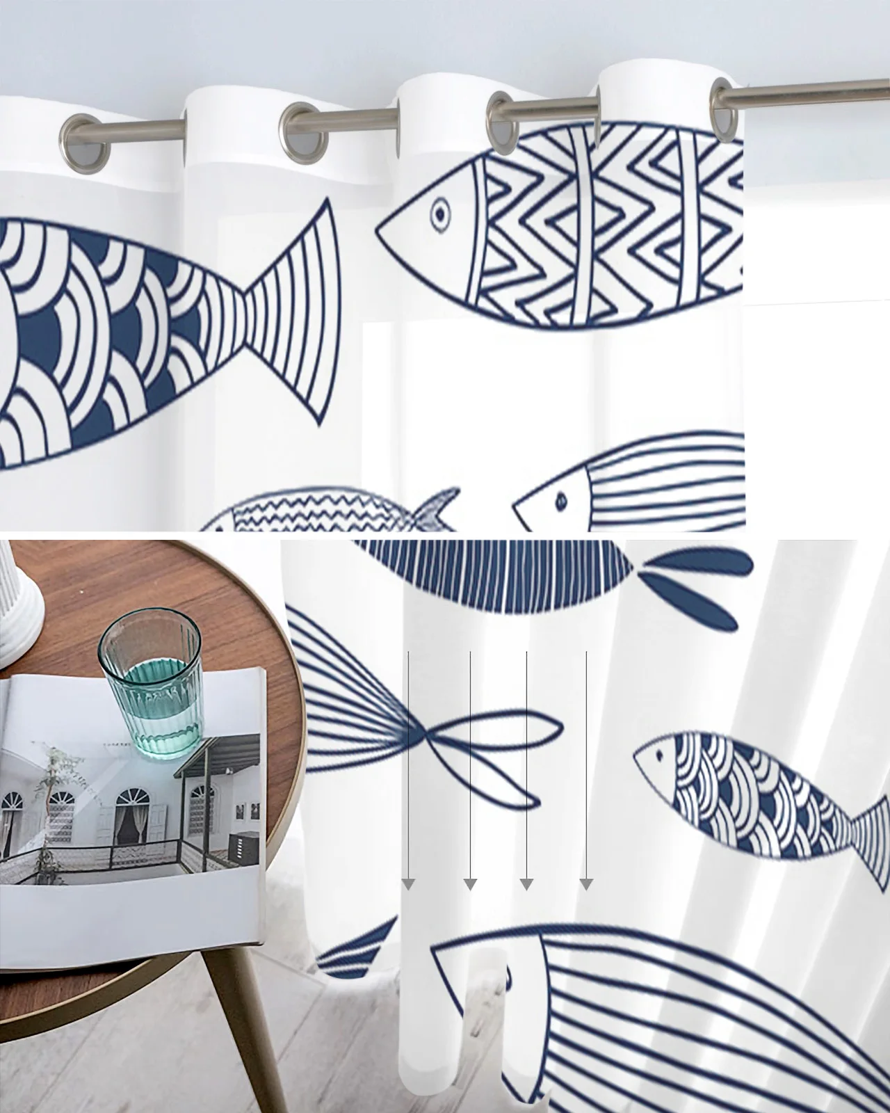 Японские тюлевые шторы в полоску с рисунком рыбы каракули занавески для гостиной