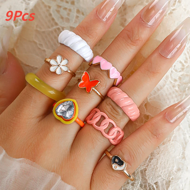 

9pcs Fashion Bohemian Ring for Women Metal Acrylic Butterfly Heart Ring Female Jewelry