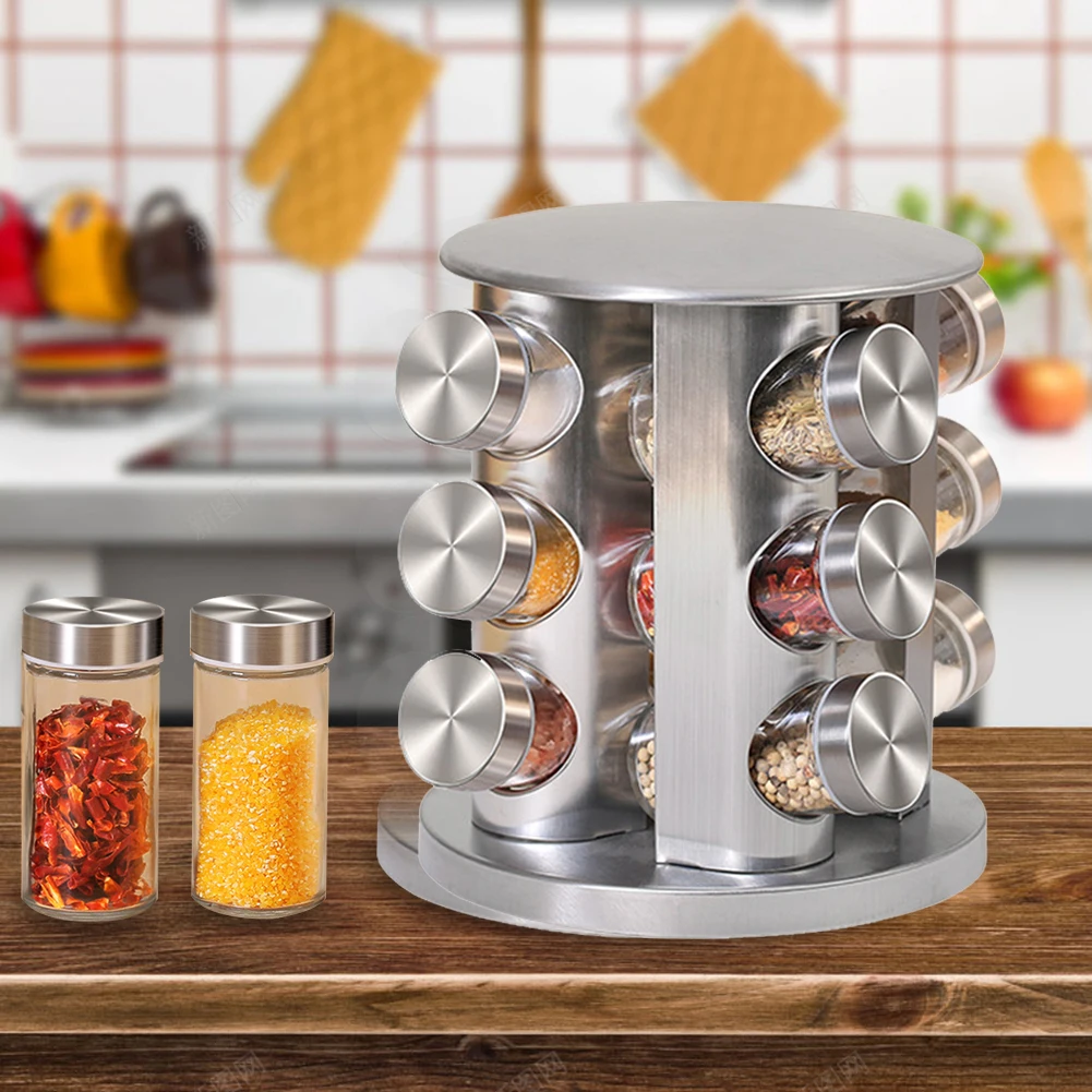 

New Rotating Spice Rack Organizer With 12 Spice Jars Condiment Seasoning Jars Set For Salt Pepper Chili Kitchen Organizer