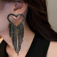 fashion long tassel rhinestone drop earrings for women black heart crystal dangle earrings statement jewelry