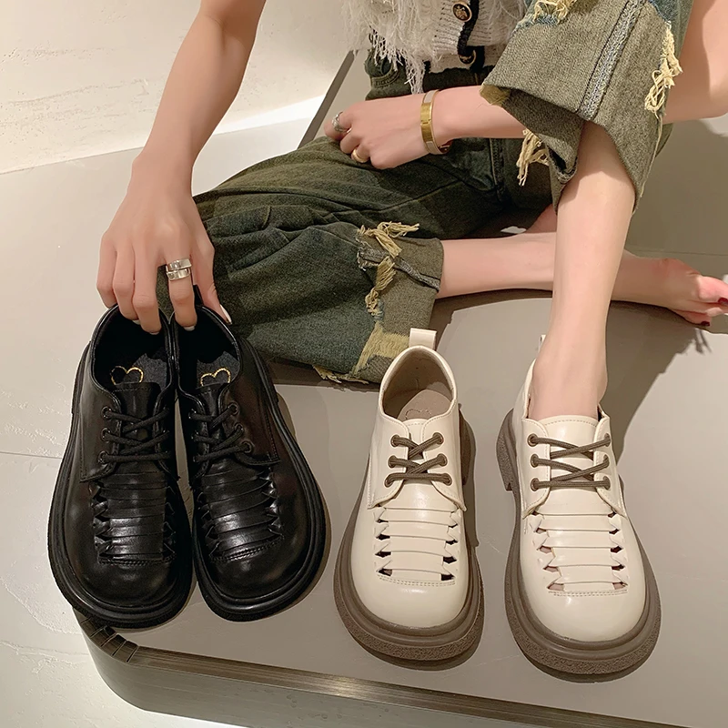 

Korean Shoes British Style Loafers With Fur Female Footwear Oxfords Women's Knitting Flats Round Toe Clogs Platform Casual Sneak