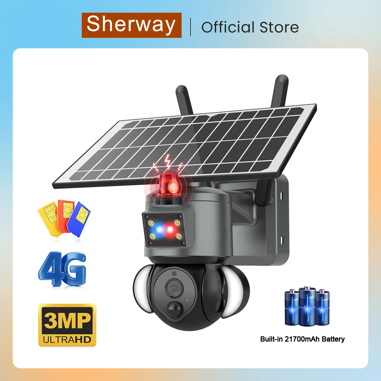 

Sherway S52 4G Solar Camera Outdoor Solar Panel 3MP HD WIFI Wireless Security CCTV 21000mAh Battery with Anti-theft Siren Alarm