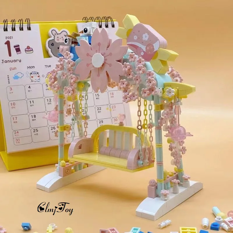 

ClmjToy Cherry Blossom Swing Building Blocks DIY Adult Assembled Toys Creative Birthday Gift For Girlfriend Indoor Decorations