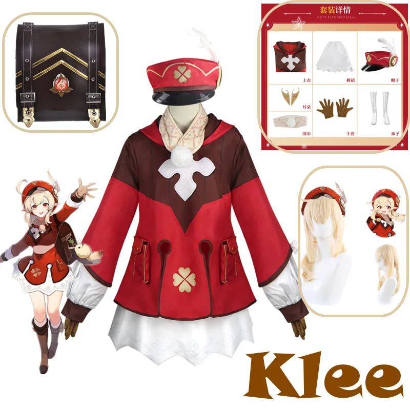 Game Costume Genshin Impact Klee Cosplay Woman Halloween Carnival Red Dress Loli Cute Outfit Feather Hat Ears Wig Full Set Props