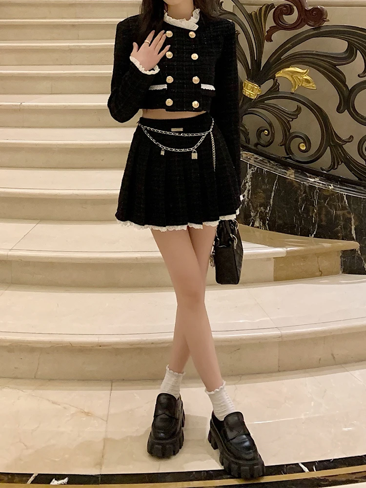 

2022 Autumn Elegant Two Piece Skirt Set Female Casual Korean Fashion Designer Skirt Set Women Button Pleated Y2K Mini Skirt Suit
