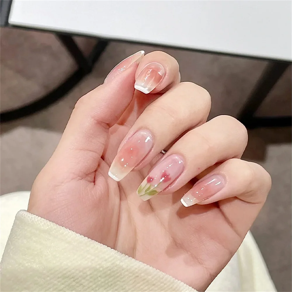 24pcs Pink Tulips Fake Nails Full Cover Press on Ballerina Acrylic Tips for False Nail Tips Women Girls Wearable Nail Decor