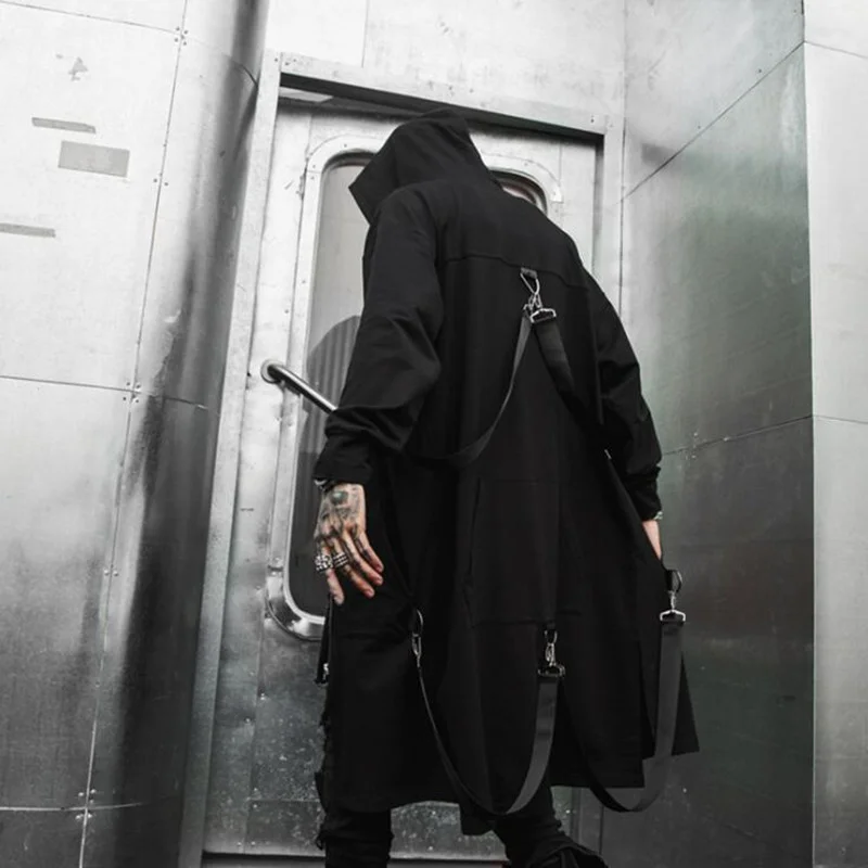 

Spring autumn men ribbons patchwork punk hip hop long trench coat ded cloak men black zipper techwear long jacket overcoat