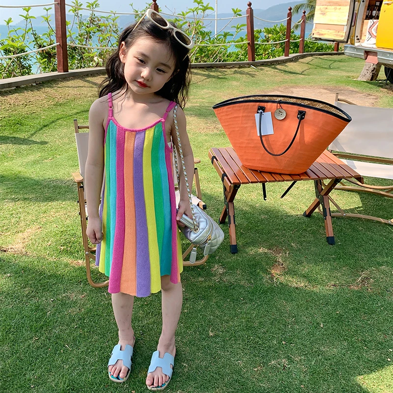 

Girls Summer Dress Rainbow Striped Dress Vestidos Casual Style Dress Kids Kids Clothes Girl Dress 원피스