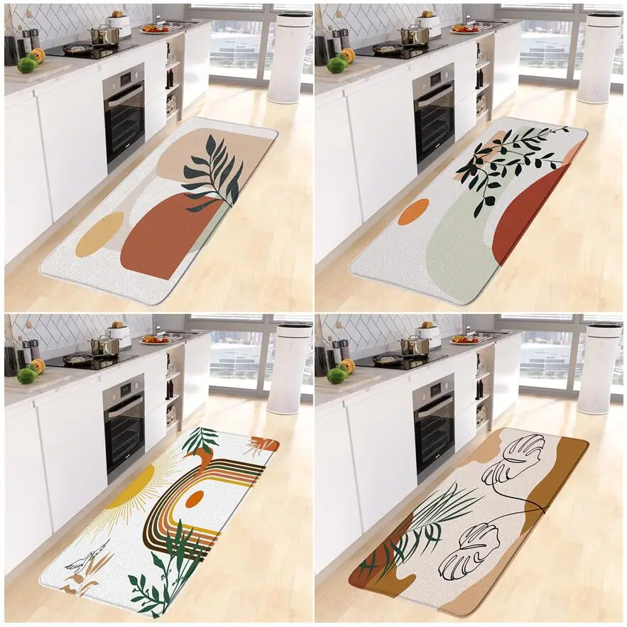 

Кухонный коврик с абстрактными листьями среднего века, длинный ковер с геометрическим рисунком, украшение для дома, нескользящий коврик дл...