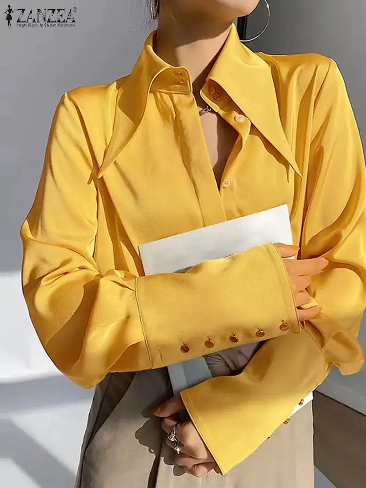 

ZANZEA Korean Style Button Up Chemise Satin Silk Casual Women Chic White Blouses Fashion Lapel Office Everyday Long Cuffs Shirts