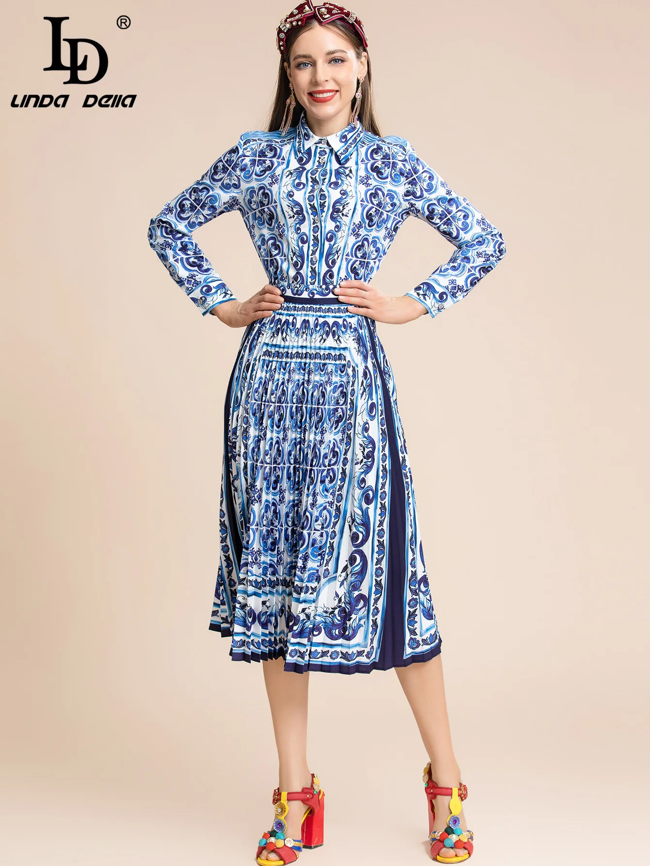 

LD LINDA DELLA 2022 Autumn Vacation Blue and White Porcelain Skirts Suit Women's Long sleeve Shirts＋pleated skirt 2 Pieces Set