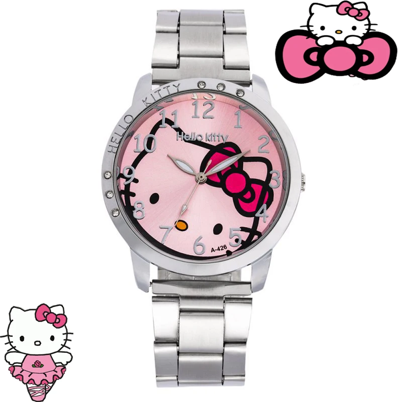 

Anime Sanrios Hello Kittys Quartz Wrist Watch Student Kawaii Kt Kittys Metal Steel Strap Watch Women Birthday Gifts Light Luxury