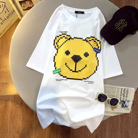 

Oversize Tees Women's Spring/summer New Crewneck Bear Print Short-sleeved T-shirt Graphic T Shirts Harajuku Tees Kawaii Tops