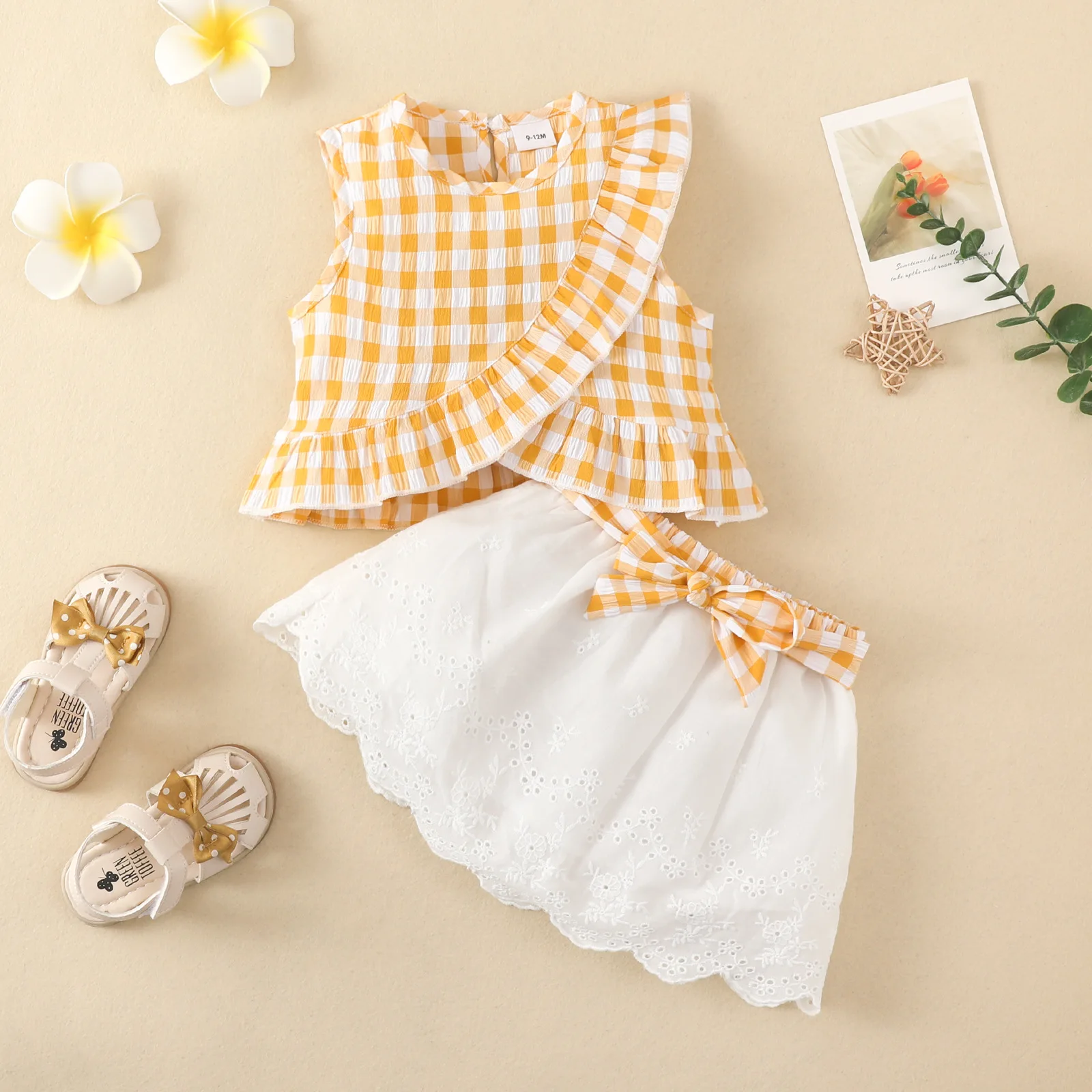 

2PCS Cute Yellow Embroidery Bow Kids Skirts Suits Ruffles Sleeveless Red Plaid Tops Soft Party Toddler Girls Clothing Set 0-6T
