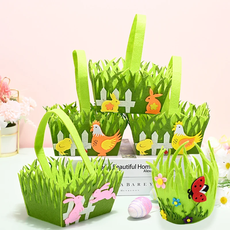 

Easter Eggs Tote Basket Easter Party Felt Candy Bag Creative Green Grass Basket Cartoon Rabbit Hen Gift Bags Easter Party Decor