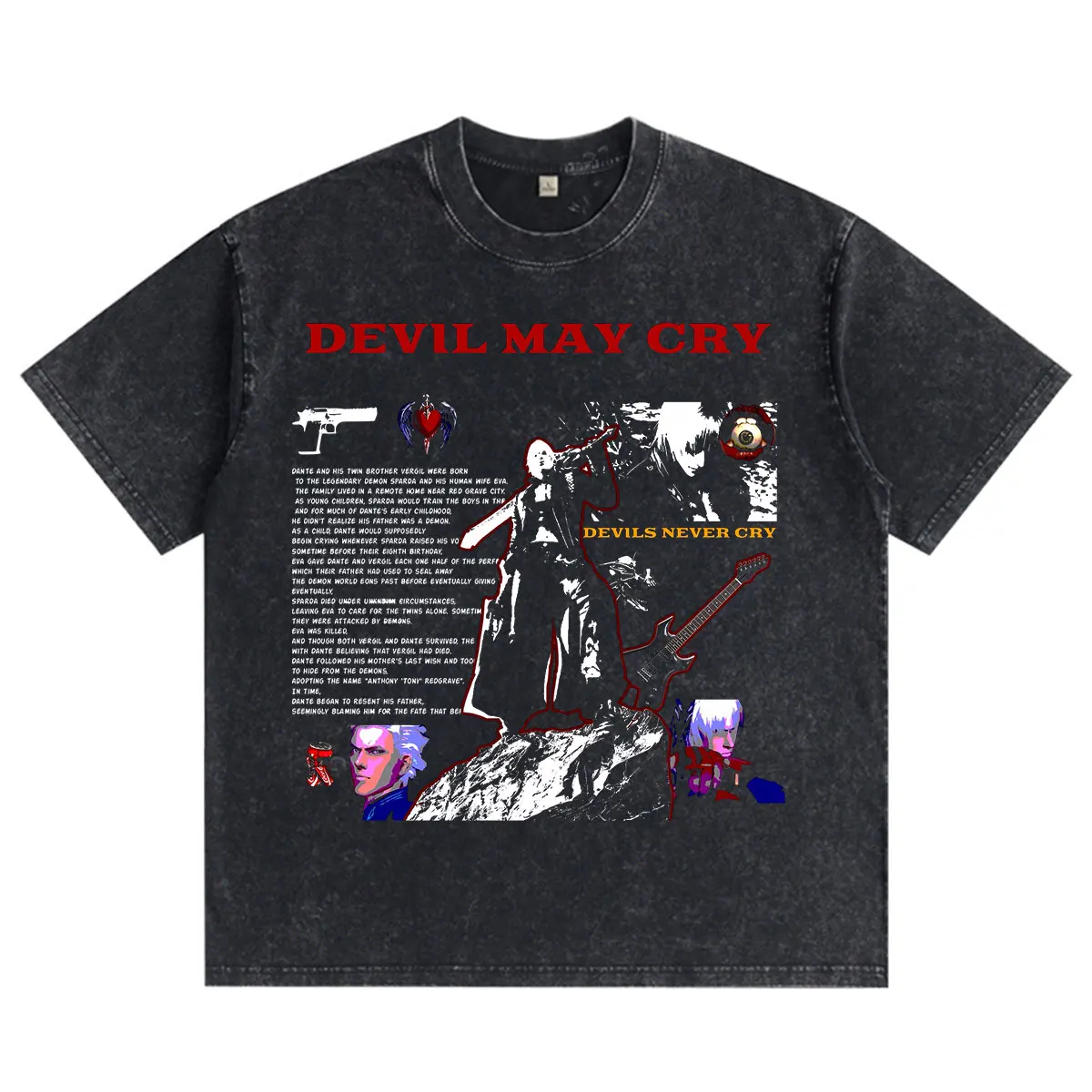 Фото Футболка GAME Devil May Cry Dante Vergil с эффектом потертости, винтажная, для мужчин и женщин, модная, свободного кроя, с круглым вырезом, короткими рукавами. №1