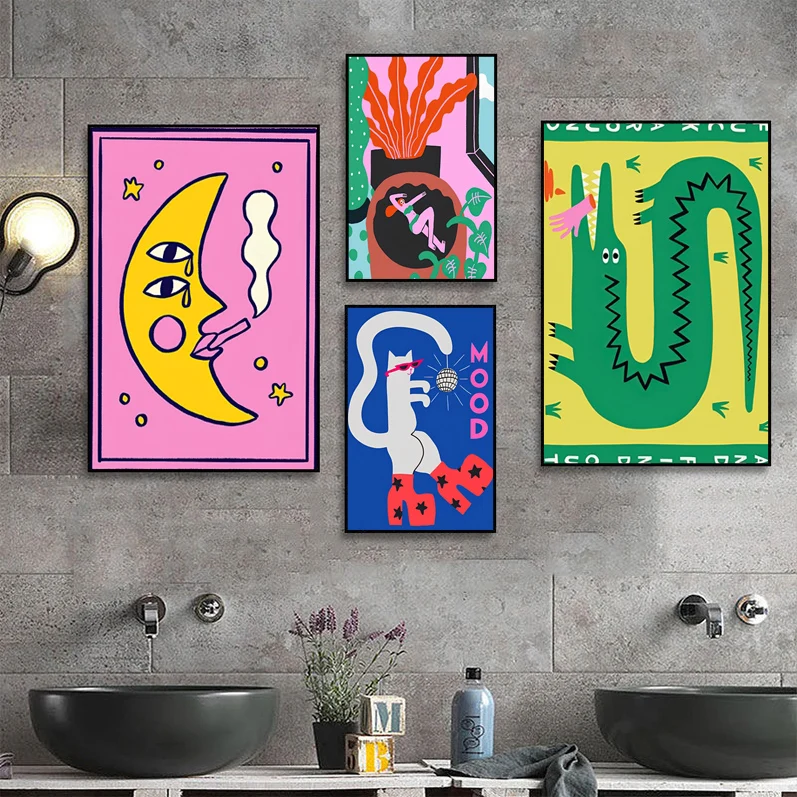 

Cartoon Cat Mood Pisces Aries Classic Anime Poster Vintage Room Bar Cafe Decor Aesthetic Art Wall Painting