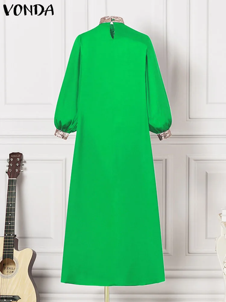 Plus Size Women 2023 Summer Maxi Dress VONDA Elegant Satin Sundress Lantern Sleeve Patchwork Stand Collar Pleated Party Robe