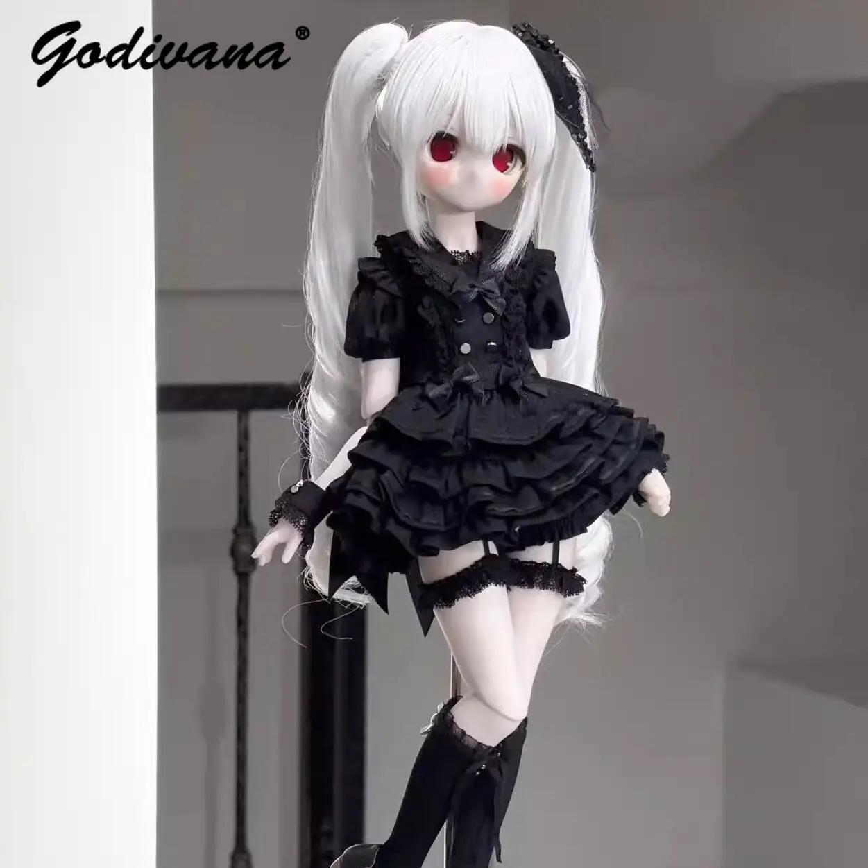 Фото Темный готический костюм для куклы Лолиты 1/4 BJD MDD: черное кружевное платье принцессы с рюшами, комплект с повязкой на голову и подвязками на бедрах №2