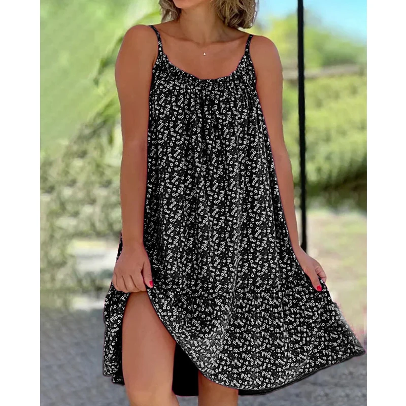 

Women Ruffles Floral Print Spaghetti Strap Casual Dresses 2023 Summer Trendy Sleeveless Loose Beach Midi Dress Vacation Sundress