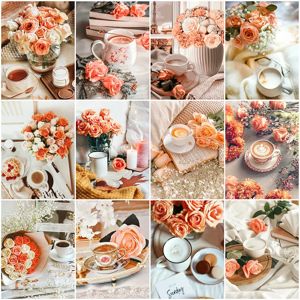 

Полностью Алмазная вышивка, розы, декоративные картины, кофейная чашка, наборы для вышивки крестиком, мозаика стразы, цветок, украшение для ...