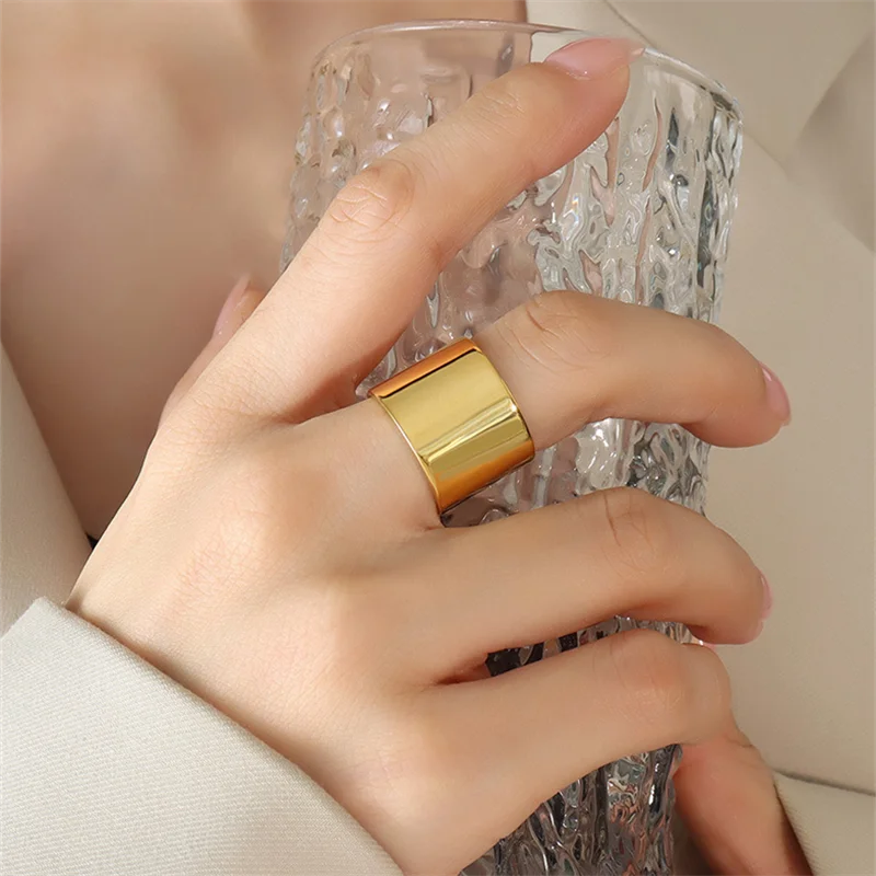 

Minimalist Titanium Steel Open Wide Ring Vintage 18K Gold Plated Ring for Men Women Fashion Geometric Irregular Hip Hop Jewelry