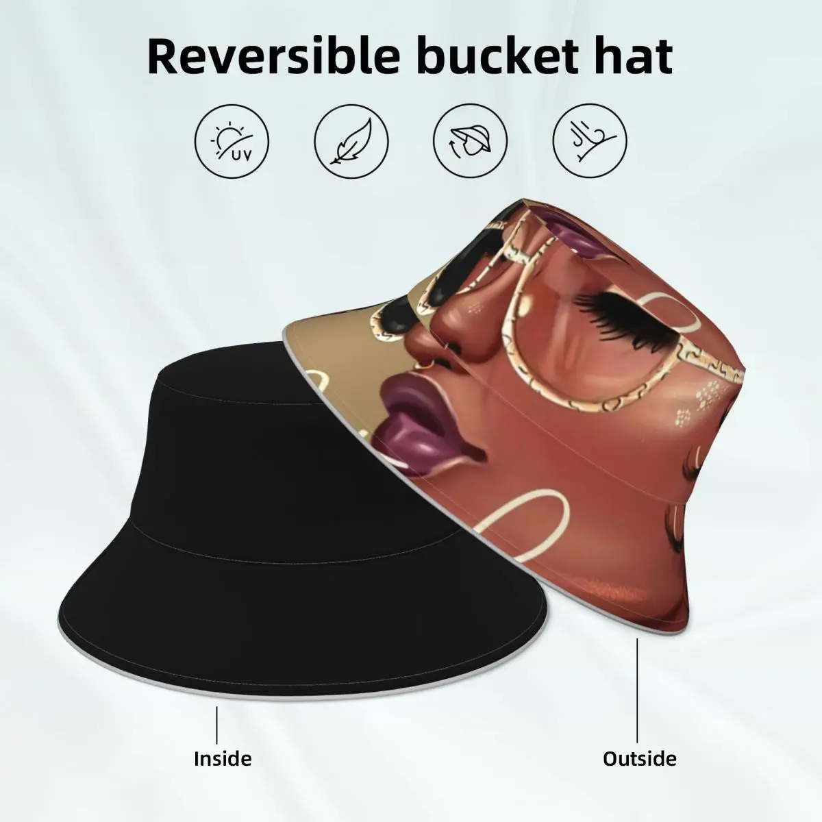 

African Woman Print Bucket Hat American Black Girl Double-sided Wear Men Women Reflective Fisherman Hats Fun Summer Sun Hat