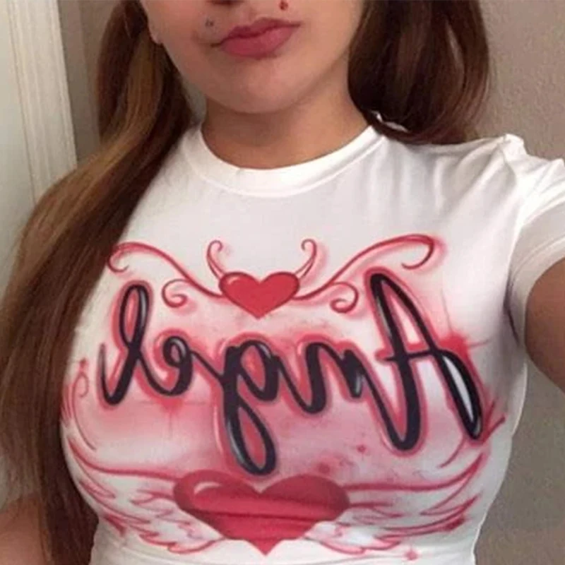 

Женские футболки в стиле аниме панк, топы в стиле 90-х в стиле Харадзюку, Готическая футболка большого размера с коротким рукавом, рубашка, хл...